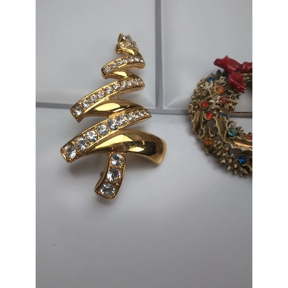 Vintage Lot Of 3 Christmas Enamel & Rhinestone Brooches, Monet/Art/DaneCraft